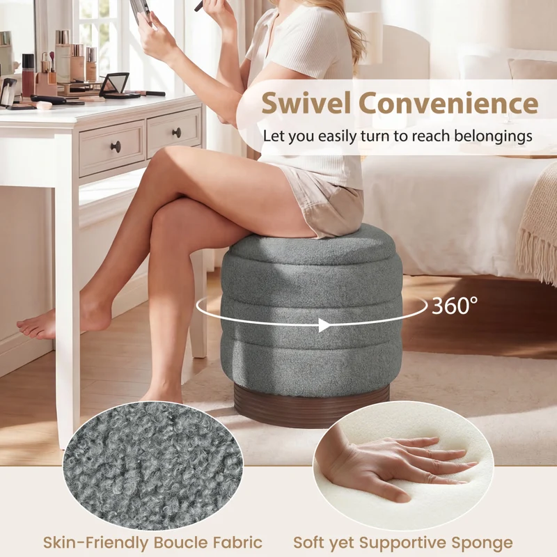 Round Storage Ottoman, Acacia Wood Frame, Gray