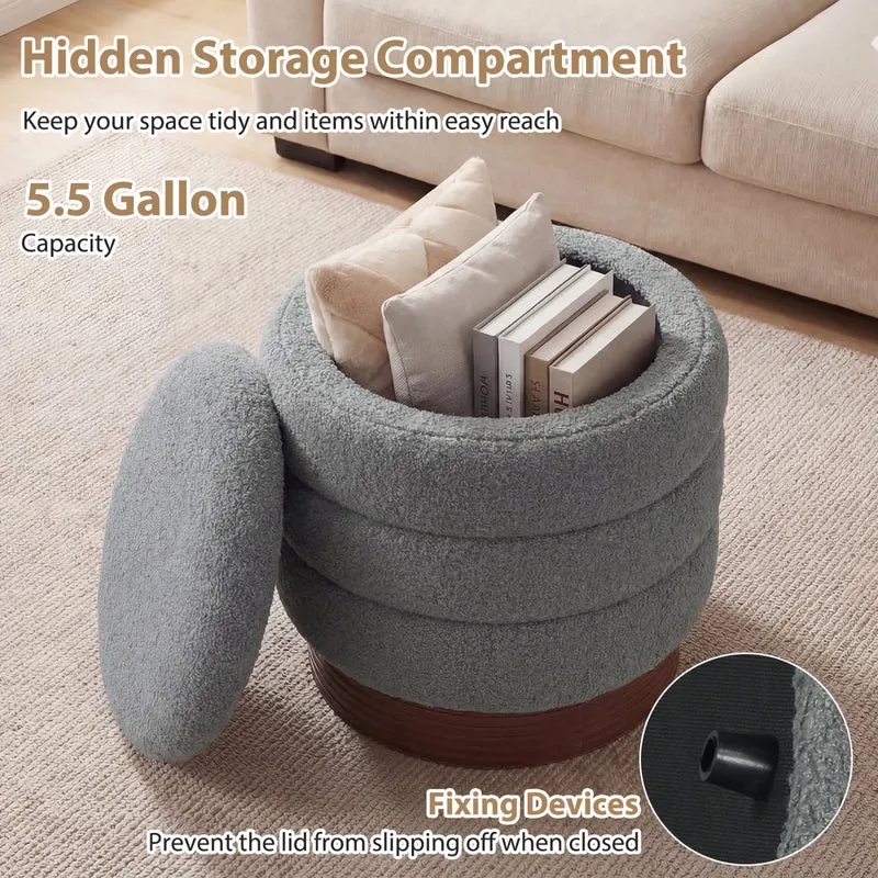 Round Storage Ottoman, Acacia Wood Frame, Gray