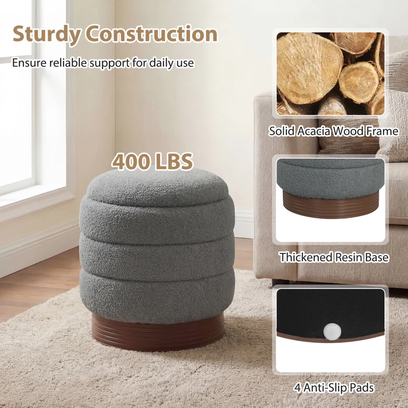 Round Storage Ottoman, Acacia Wood Frame, Gray