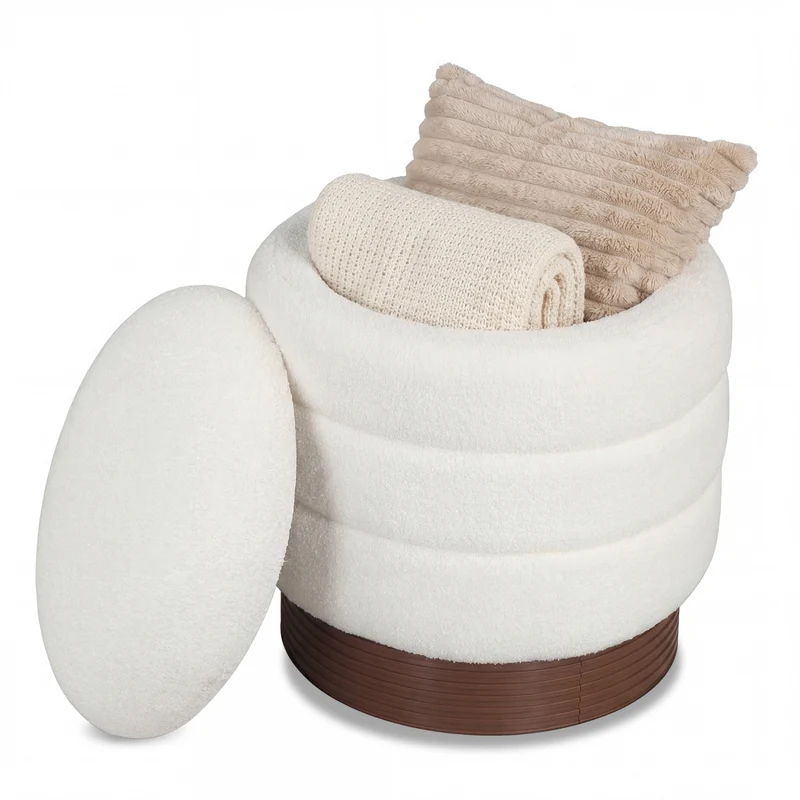 Round Storage Ottoman, Acacia Wood Frame, White