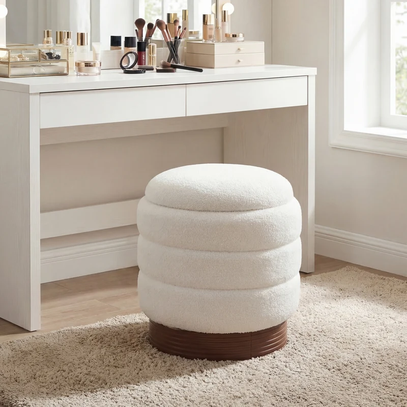 Round Storage Ottoman, Acacia Wood Frame, White