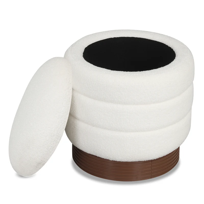 Round Storage Ottoman, Acacia Wood Frame, White