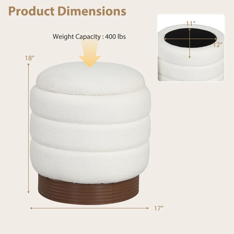 Round Storage Ottoman, Acacia Wood Frame, White