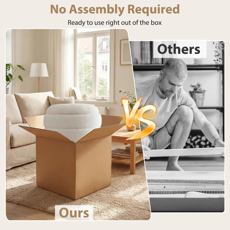 Round Storage Ottoman, Acacia Wood Frame, White