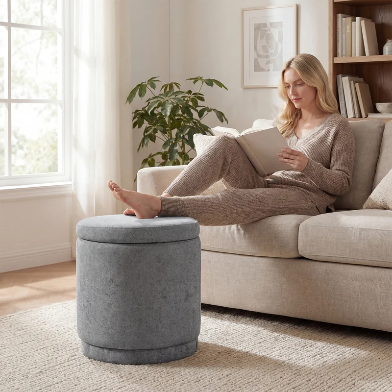 Round Storage Ottoman, Removable Lid, Acacia Wood Frame, Gray