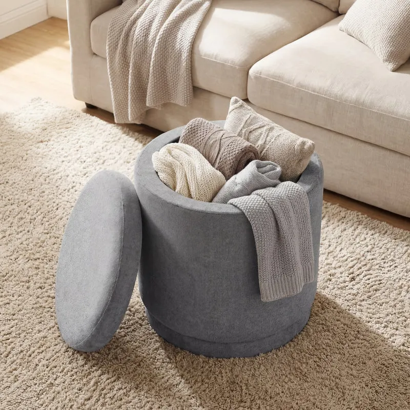 Round Storage Ottoman, Removable Lid, Acacia Wood Frame, Gray