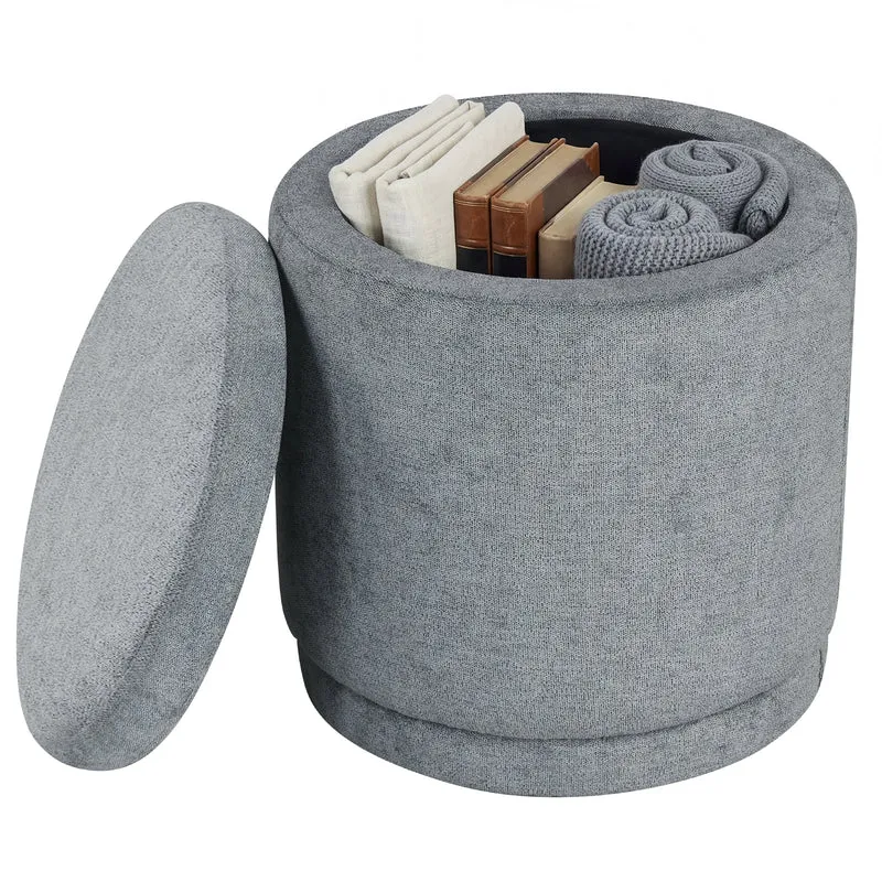 Round Storage Ottoman, Removable Lid, Acacia Wood Frame, Gray