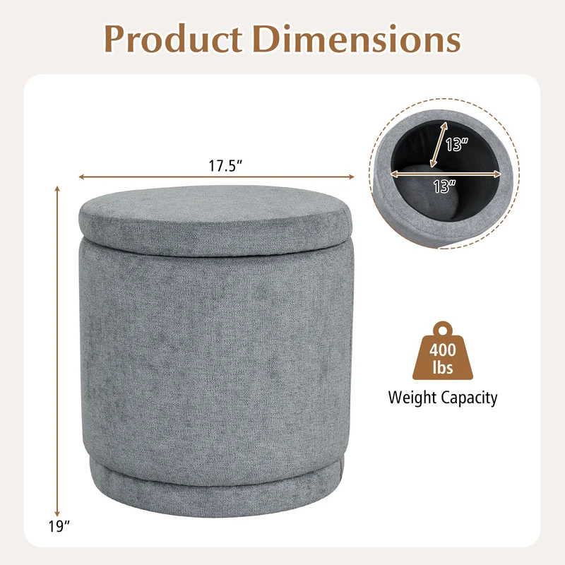 Round Storage Ottoman, Removable Lid, Acacia Wood Frame, Gray