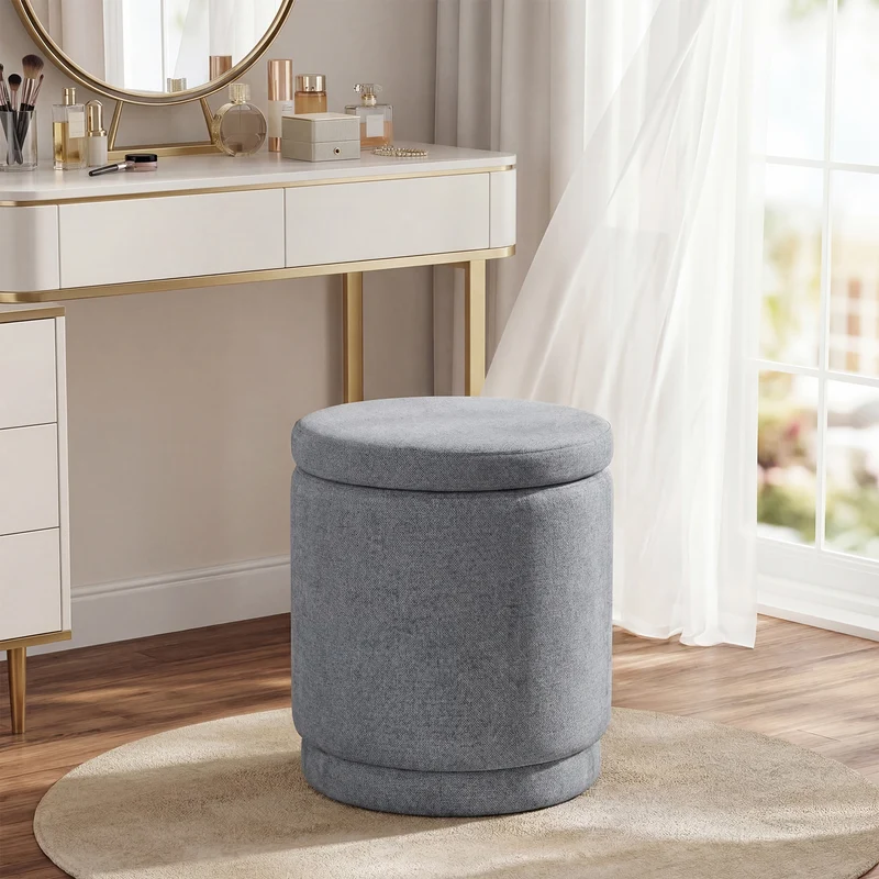 Round Storage Ottoman, Removable Lid, Acacia Wood Frame, Gray