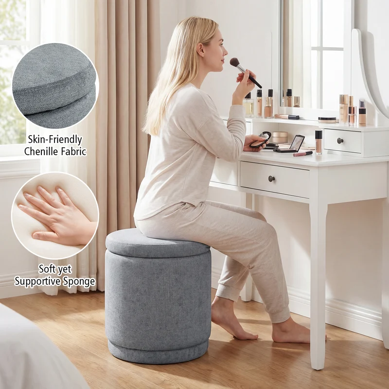 Round Storage Ottoman, Removable Lid, Acacia Wood Frame, Gray