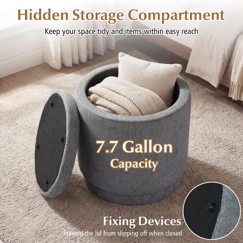 Round Storage Ottoman, Removable Lid, Acacia Wood Frame, Gray