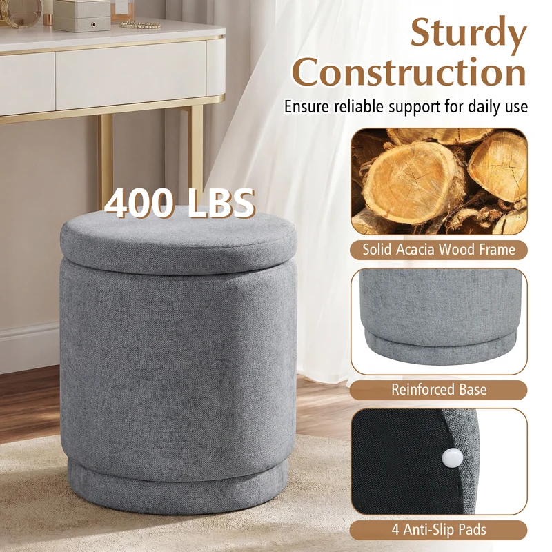 Round Storage Ottoman, Removable Lid, Acacia Wood Frame, Gray