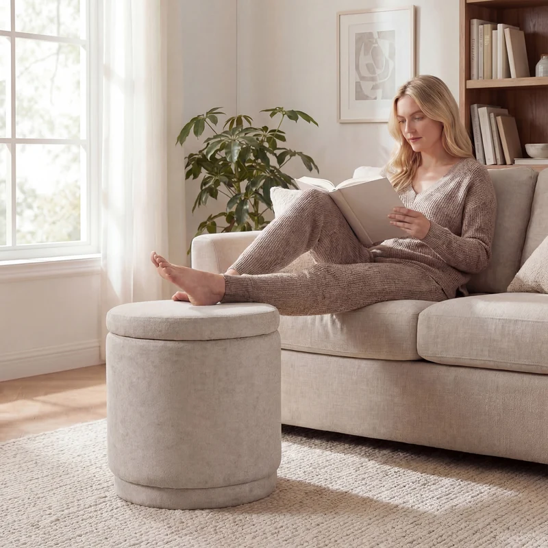 Round Storage Ottoman Foot Rest, Removable Lid, Acacia Wood Frame, Beige