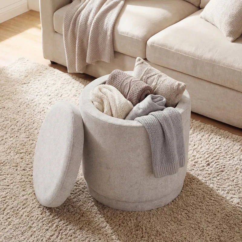 Round Storage Ottoman Foot Rest, Removable Lid, Acacia Wood Frame, Beige
