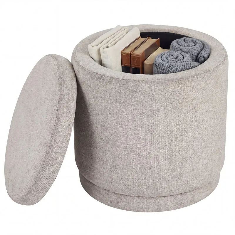 Round Storage Ottoman Foot Rest, Removable Lid, Acacia Wood Frame, Beige
