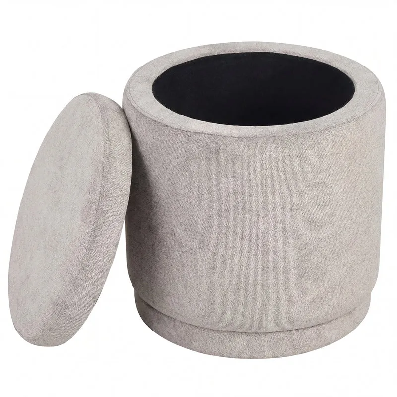 Round Storage Ottoman Foot Rest, Removable Lid, Acacia Wood Frame, Beige