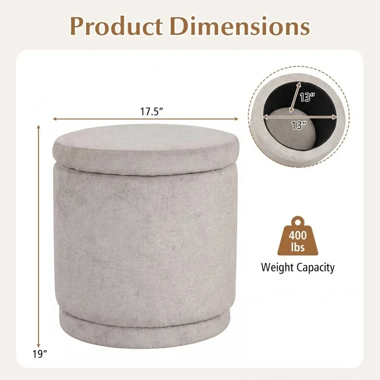 Round Storage Ottoman Foot Rest, Removable Lid, Acacia Wood Frame, Beige