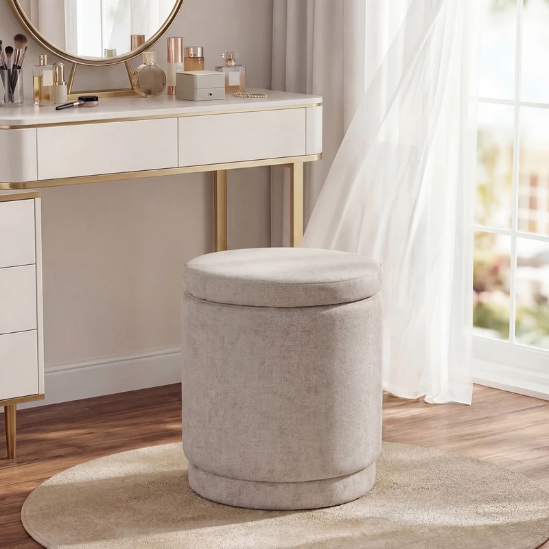 Round Storage Ottoman Foot Rest, Removable Lid, Acacia Wood Frame, Beige