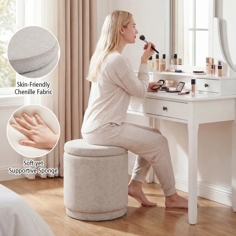 Round Storage Ottoman Foot Rest, Removable Lid, Acacia Wood Frame, Beige