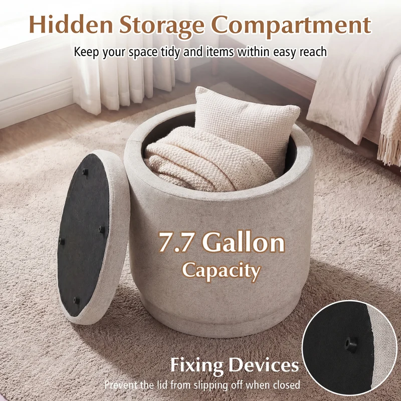 Round Storage Ottoman Foot Rest, Removable Lid, Acacia Wood Frame, Beige