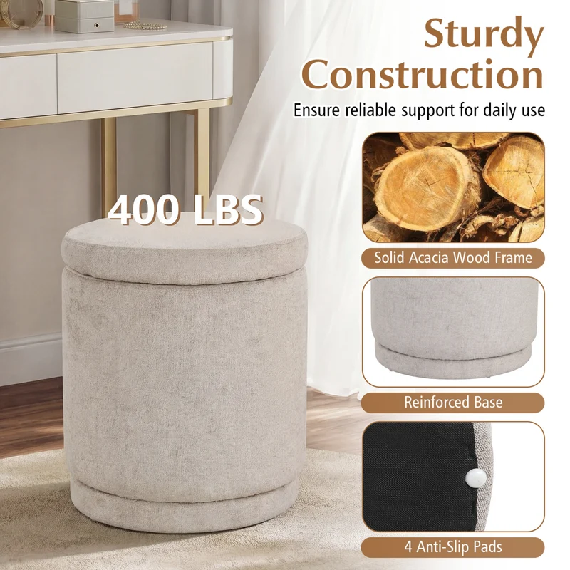 Round Storage Ottoman Foot Rest, Removable Lid, Acacia Wood Frame, Beige