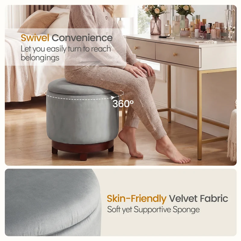 360° Swivel Velvet Foot Rest, Hidden Storage, Gray