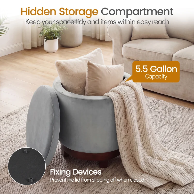 360° Swivel Velvet Foot Rest, Hidden Storage, Gray