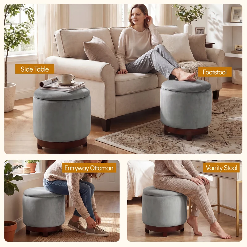 360° Swivel Velvet Foot Rest, Hidden Storage, Gray