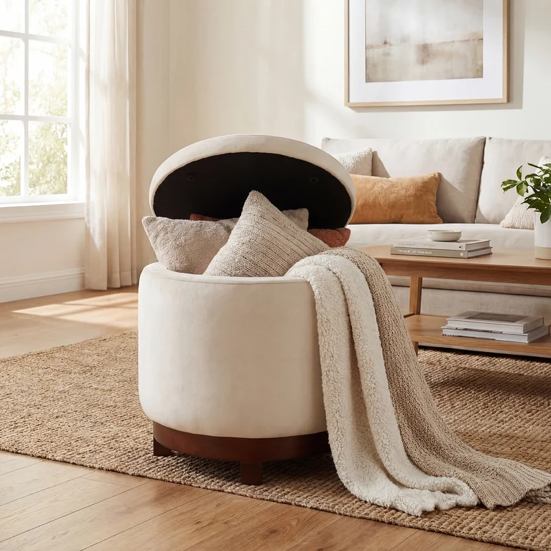 360° Swivel Velvet Foot Rest With Hidden Storage, White