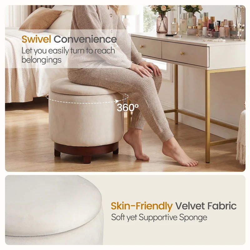 360° Swivel Velvet Foot Rest With Hidden Storage, White