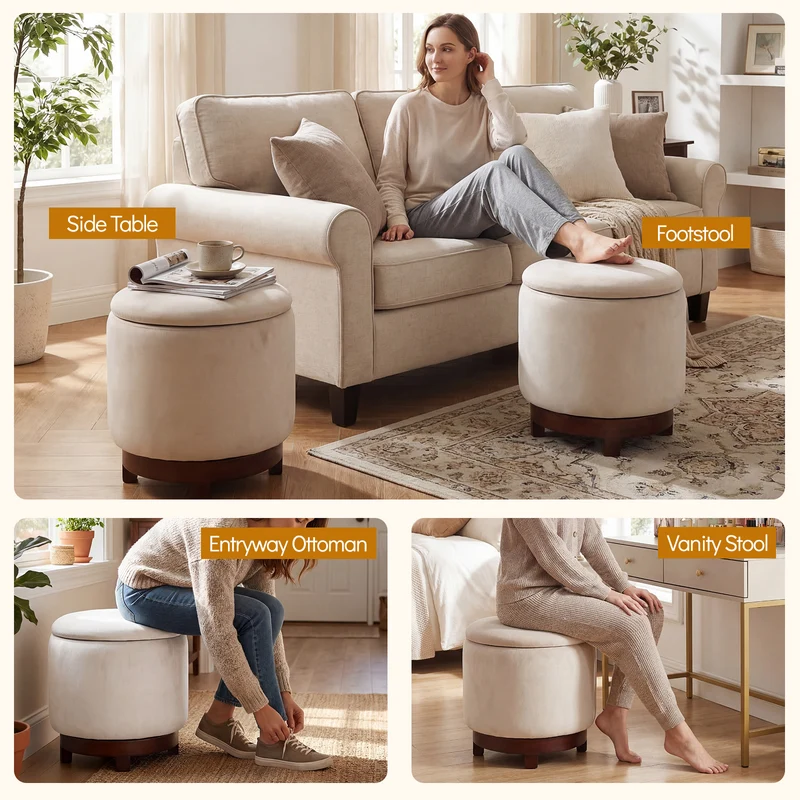 360° Swivel Velvet Foot Rest With Hidden Storage, White