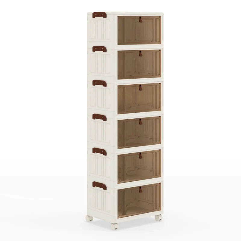 6-Tier Stackable Shoe Box, Lid Doors, Lockable Wheels, White