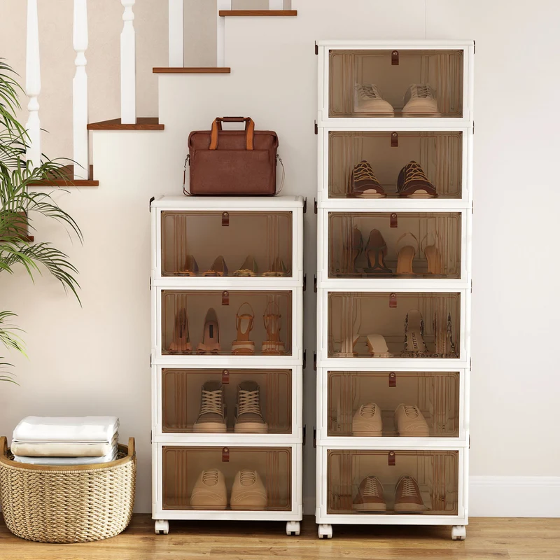 6-Tier Stackable Shoe Box, Lid Doors, Lockable Wheels, White