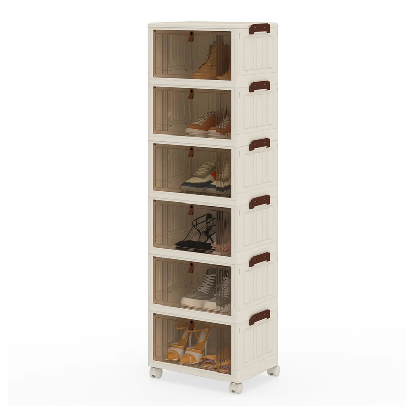 6-Tier Stackable Shoe Box, Lid Doors, Lockable Wheels, White