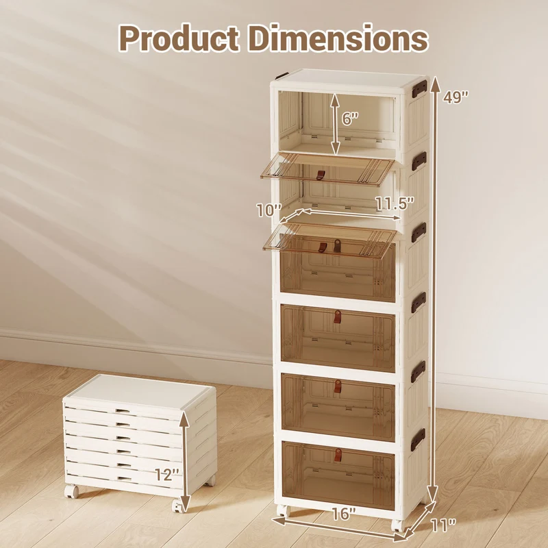 6-Tier Stackable Shoe Box, Lid Doors, Lockable Wheels, White