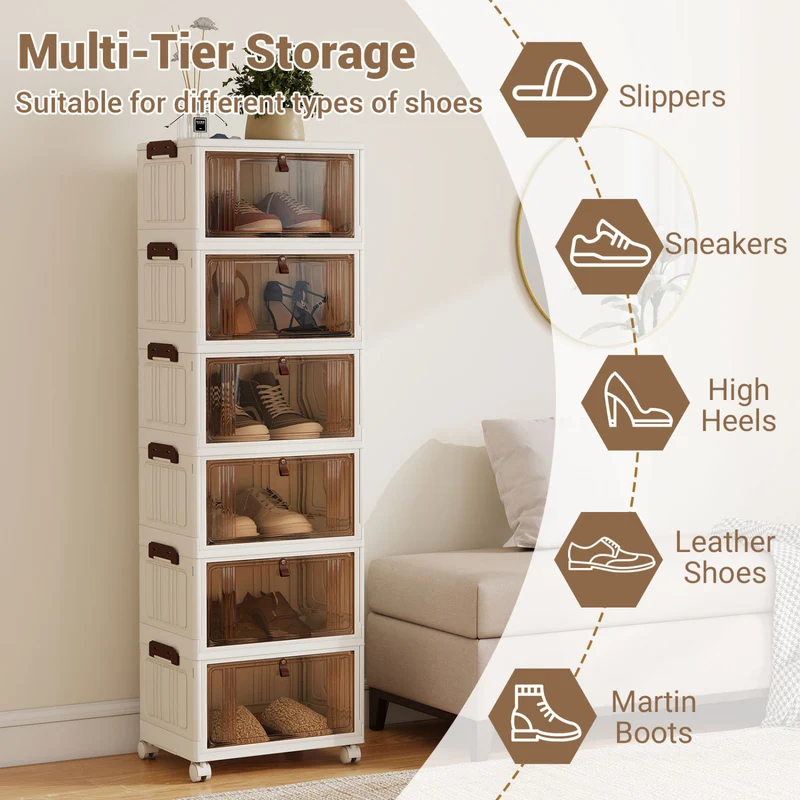 6-Tier Stackable Shoe Box, Lid Doors, Lockable Wheels, White