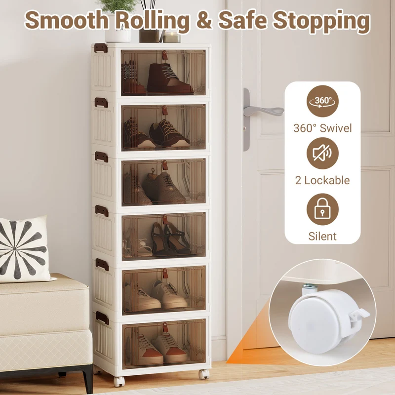 6-Tier Stackable Shoe Box, Lid Doors, Lockable Wheels, White