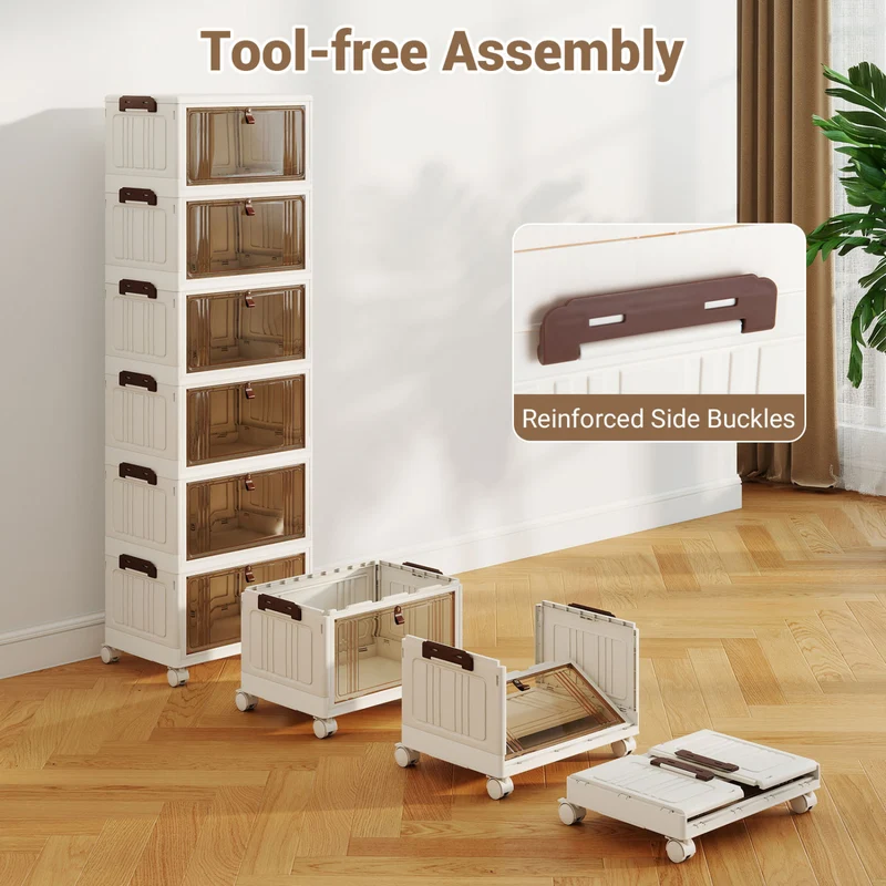 6-Tier Stackable Shoe Box, Lid Doors, Lockable Wheels, White