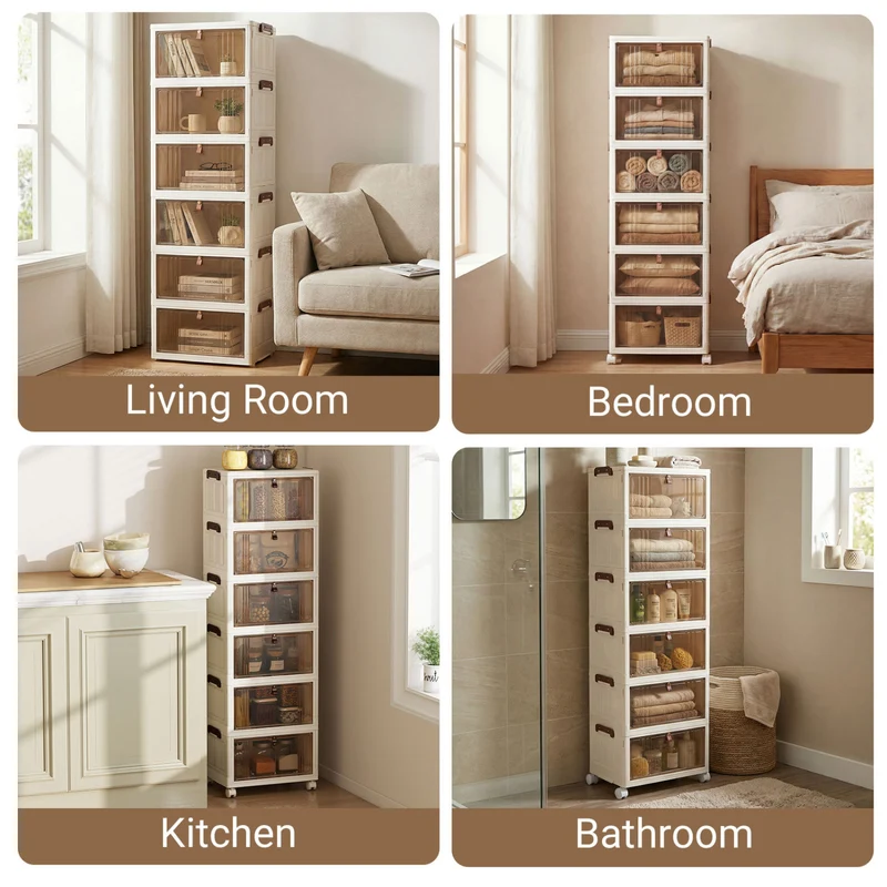 6-Tier Stackable Shoe Box, Lid Doors, Lockable Wheels, White