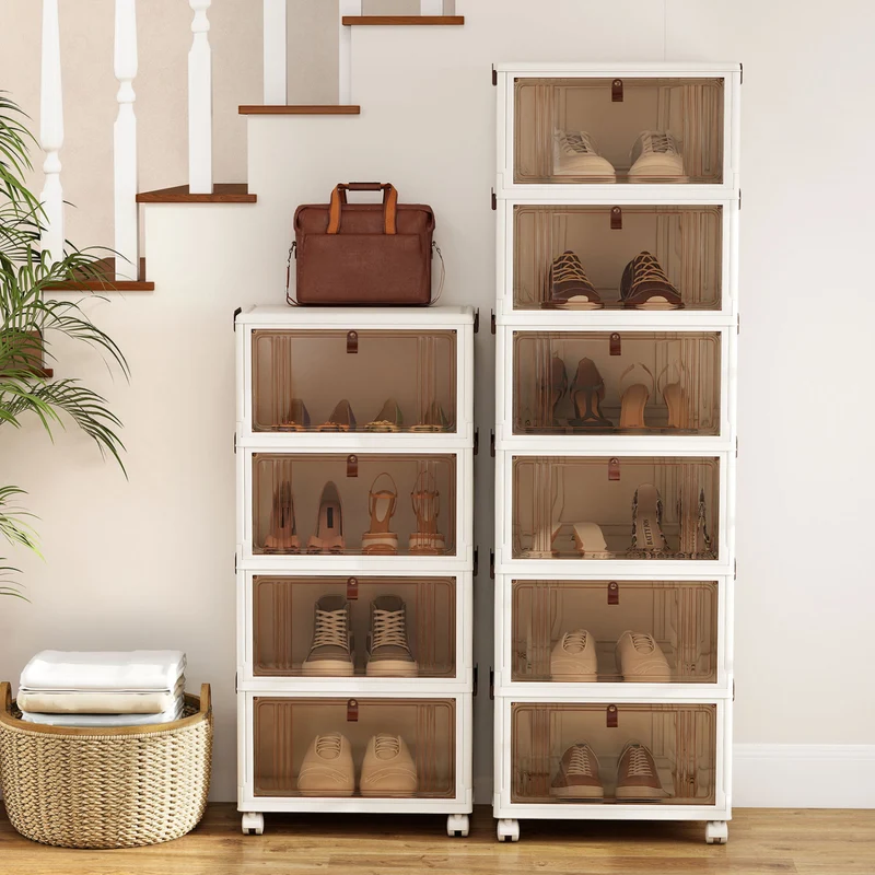 4-Tier Collapsible Shoe Box, Lid Doors, Lockable Wheels, White