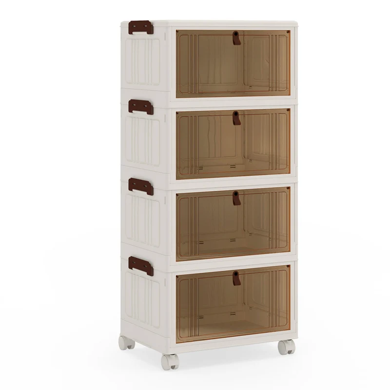 4-Tier Collapsible Shoe Box, Lid Doors, Lockable Wheels, White
