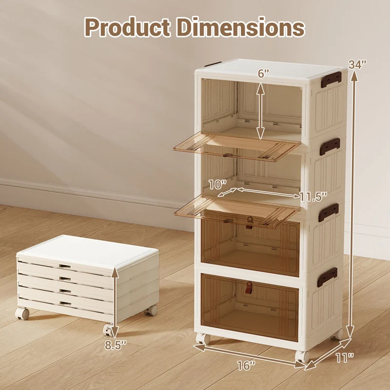 4-Tier Collapsible Shoe Box, Lid Doors, Lockable Wheels, White