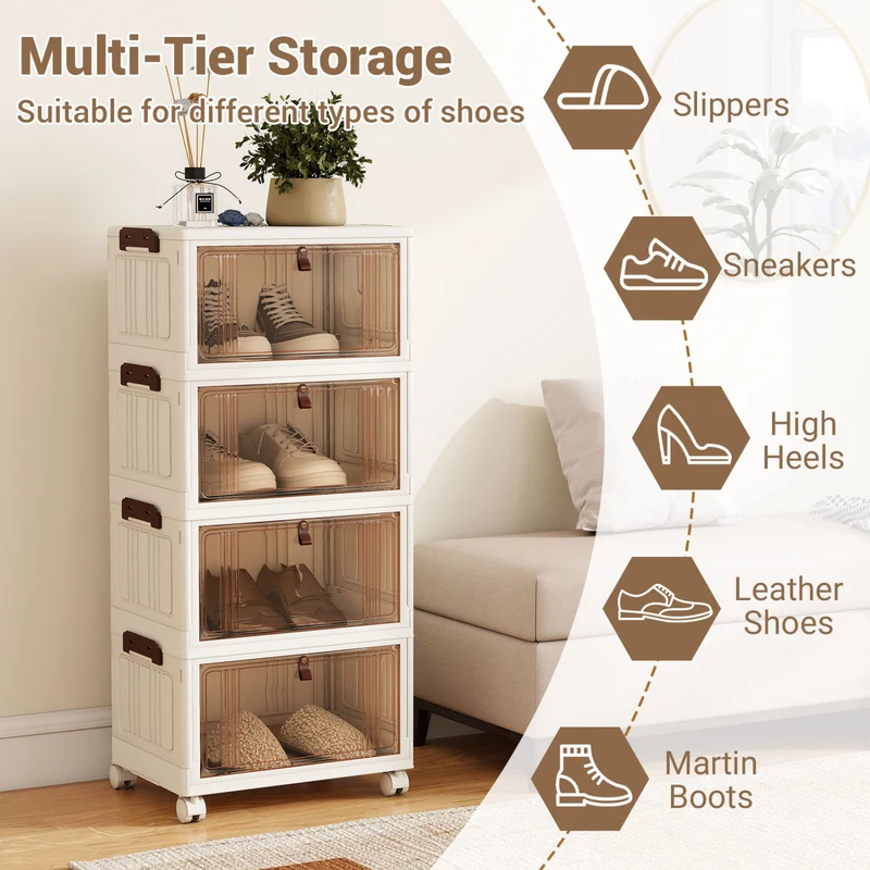 4-Tier Collapsible Shoe Box, Lid Doors, Lockable Wheels, White
