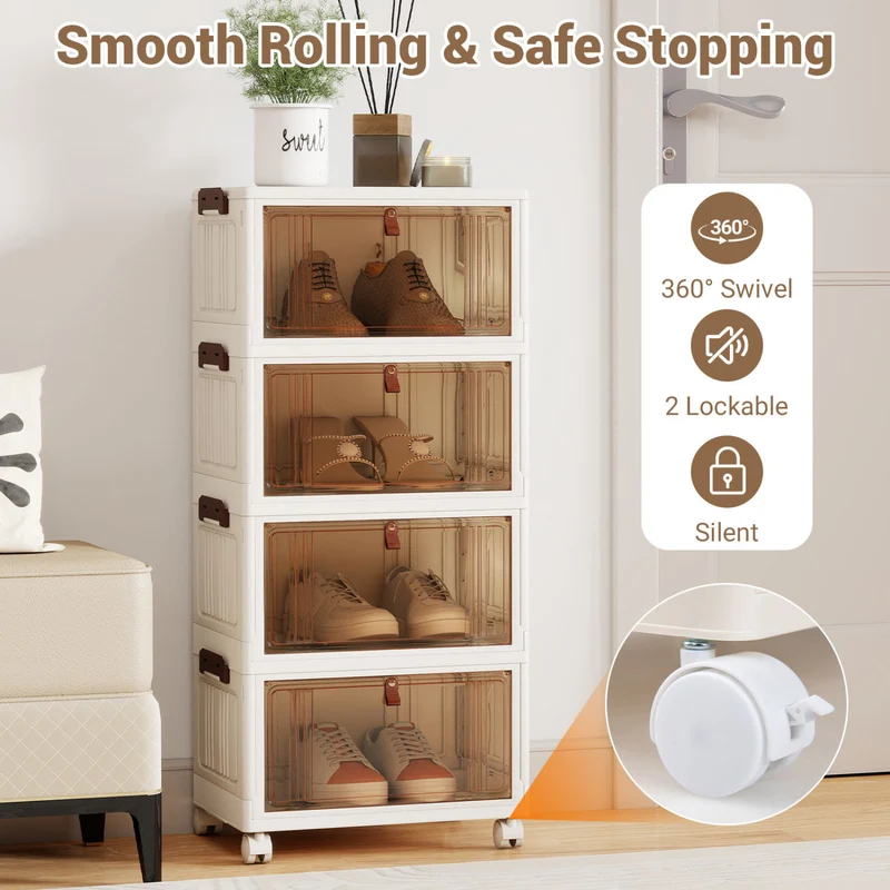 4-Tier Collapsible Shoe Box, Lid Doors, Lockable Wheels, White
