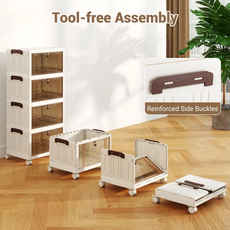 4-Tier Collapsible Shoe Box, Lid Doors, Lockable Wheels, White