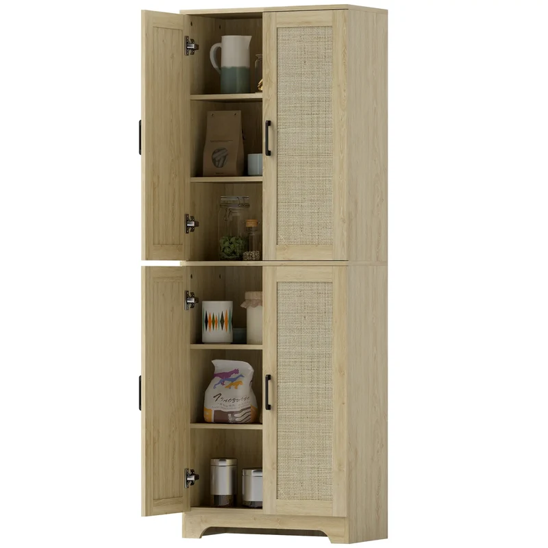 67" Tall Kitchen Pantry, Freestanding Cabinet, 4 Rattan Doors, Adjustable Shelves, Oak