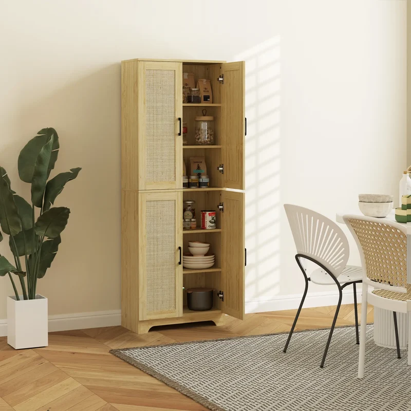 67" Tall Kitchen Pantry, Freestanding Cabinet, 4 Rattan Doors, Adjustable Shelves, Oak