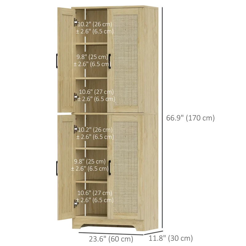 67" Tall Kitchen Pantry, Freestanding Cabinet, 4 Rattan Doors, Adjustable Shelves, Oak
