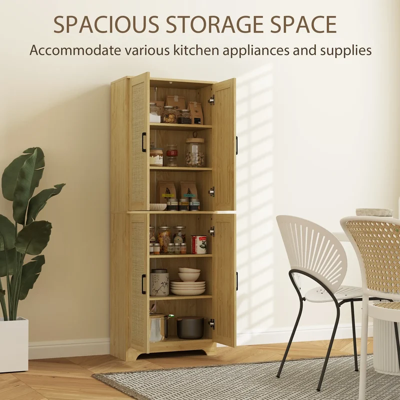 67" Tall Kitchen Pantry, Freestanding Cabinet, 4 Rattan Doors, Adjustable Shelves, Oak