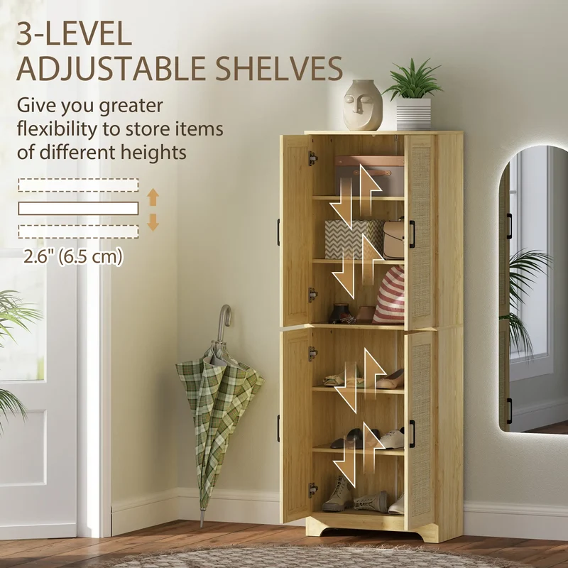 67" Tall Kitchen Pantry, Freestanding Cabinet, 4 Rattan Doors, Adjustable Shelves, Oak